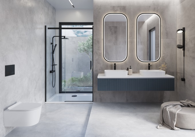 Σύγχρονο μπάνιο με ντουζιέρα και δύο νιπτήρες