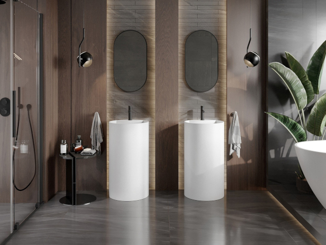 Γκρι μαρμάρινα πλακάκια στο μπάνιο