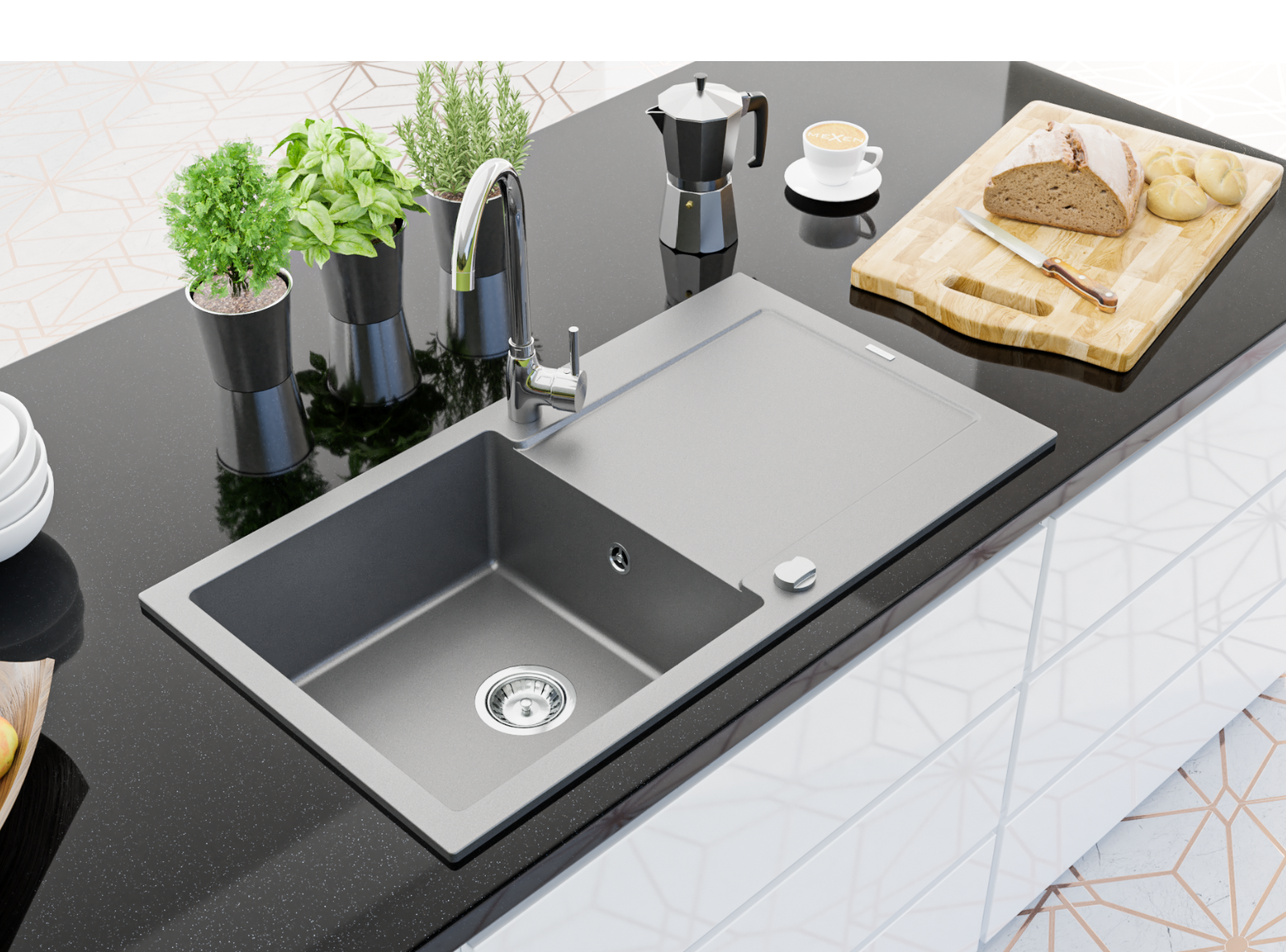 Νεροχύτες γρανίτη με μπαταρία εντοιχισμένοι στον πάγκο