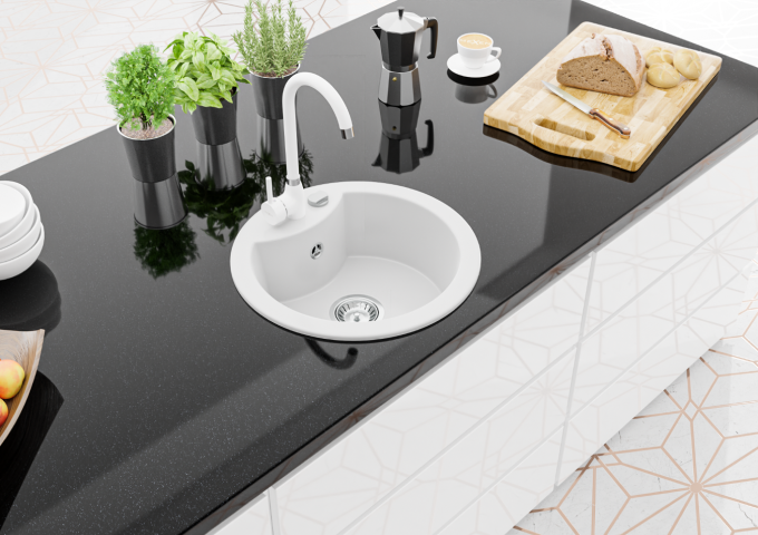 Λευκές κουζινικές μπαταρίες με εξαγώμενη βρύση