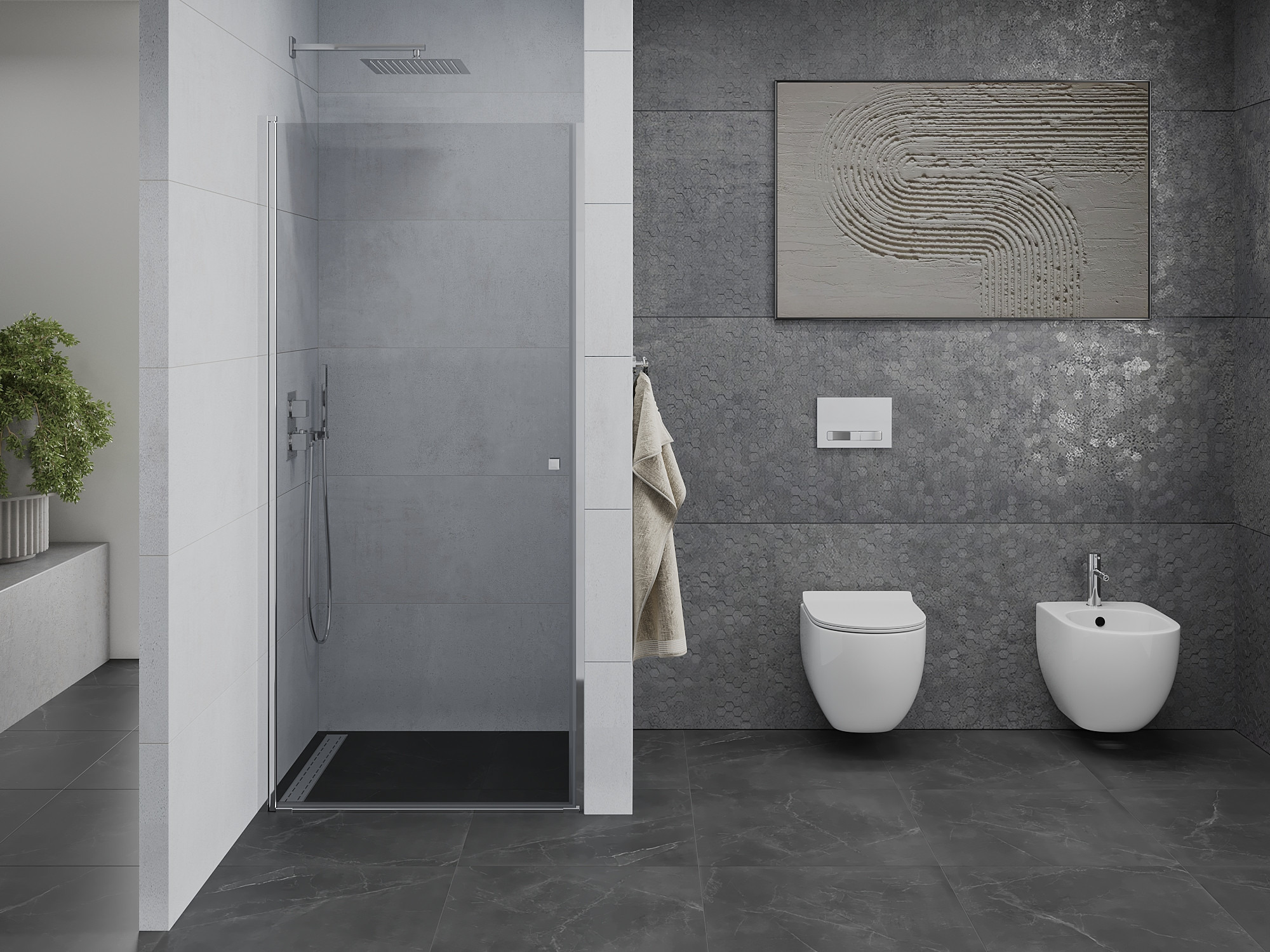 Ευρύχωρο μπάνιο με πόρτες ντους