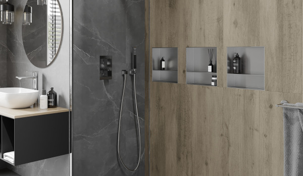 Ράφια εσοχής - ιδανικό συμπλήρωμα για το μπάνιο σε μοντέρνο σχεδιασμό