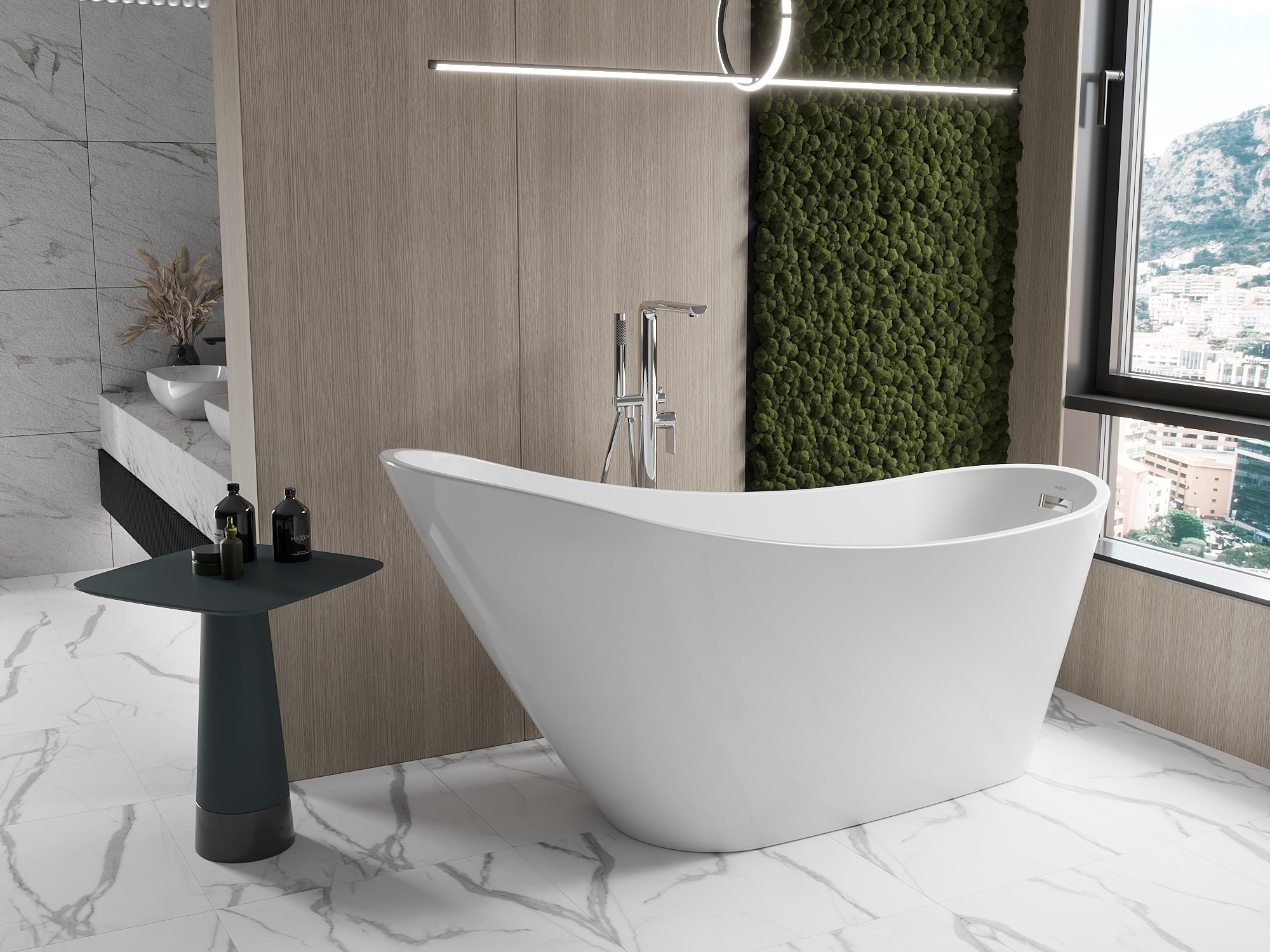 Άνετο μπάνιο σε γήινες αποχρώσεις - τοίχος με βρύα