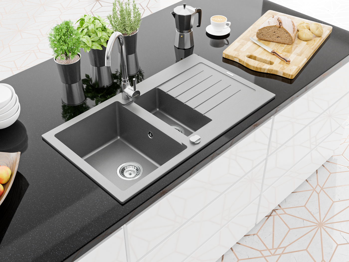 Λευκό, μαύρο, γκρίζο σε μια σύγχρονη κουζίνα