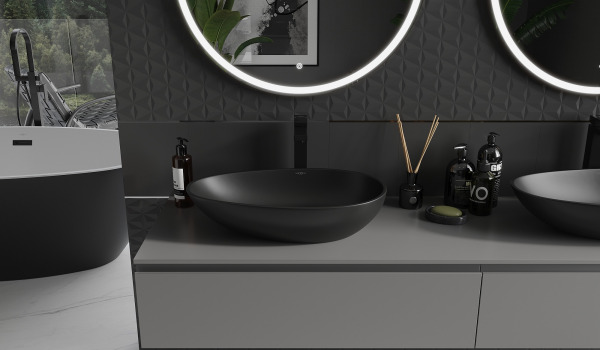 Νιπτήρες από σύνθετα υλικά σε γκρι-μαύρο μπάνιο