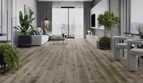 Σύγχρονο σαλόνι με δάπεδο που μιμείται ξύλο