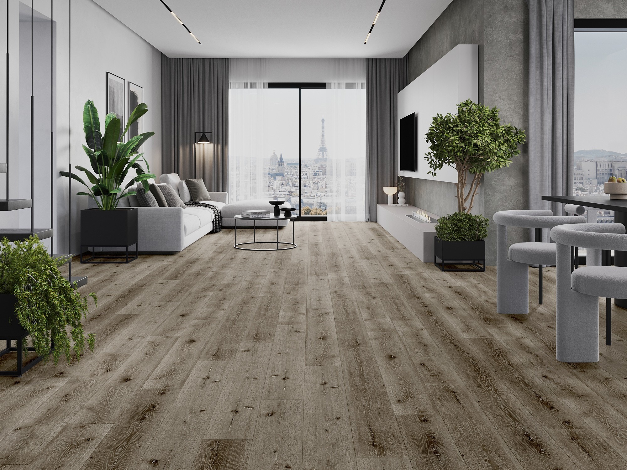 Σύγχρονο σαλόνι με δάπεδο που μιμείται ξύλο
